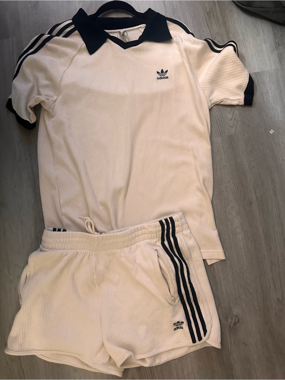 adidas Cream and Black Ribbed Polo Shirt & Shorts Set